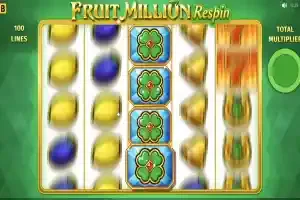 Captura del juego Fruit Million Respin: rodillos con frutas y tréboles con los indicadores de líneas y multiplicador