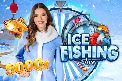 Portada del juego Ice Fishing Live: presentadora con abrigo celeste en un paisaje invernal junto a la rueda del juego