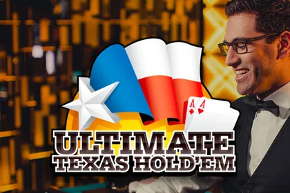 Portada del juego Ultimate Texas Holdem: crupier con esmoquin junto a la bandera de Texas y dos ases