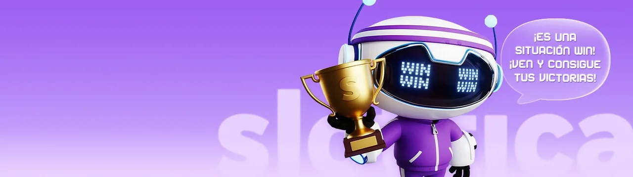 Imagen promocional de Slottica: mascota robot con buzo violeta sosteniendo una copa dorada sobre un fondo degradado